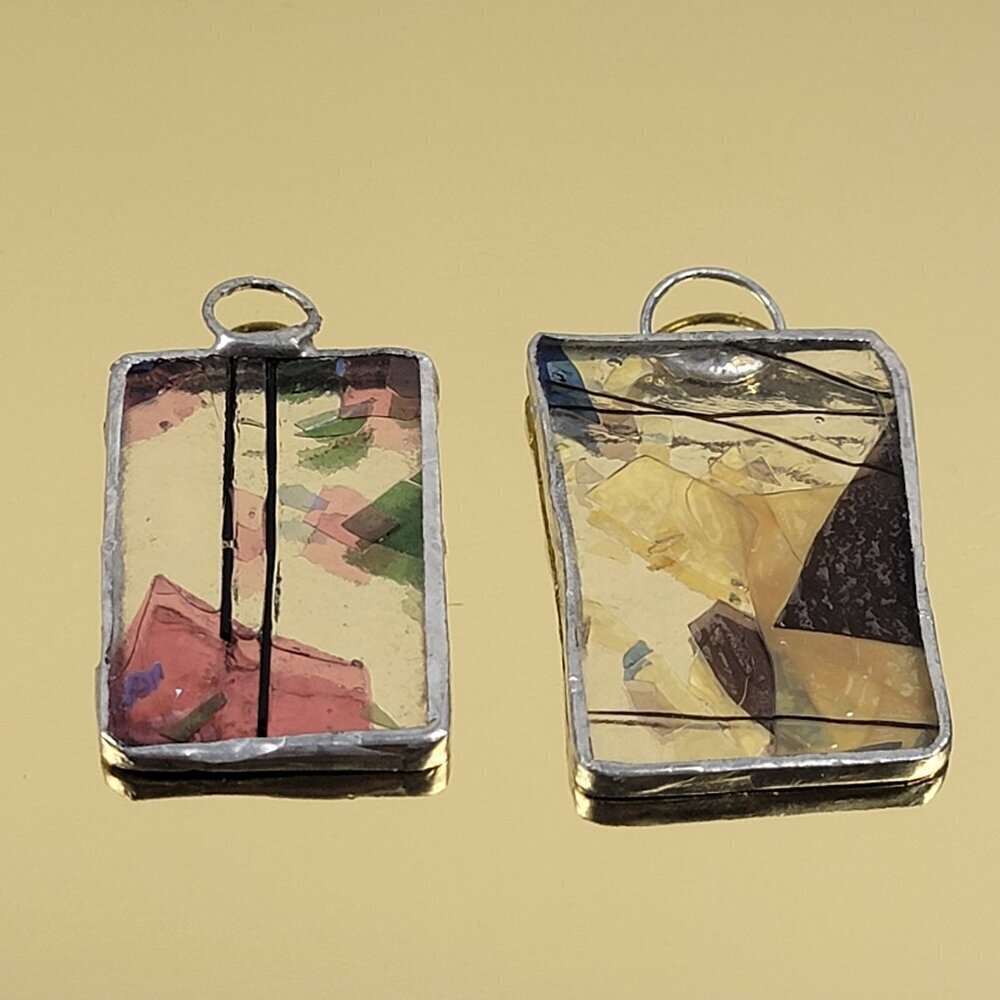 Vintage Glass Art Pendant Rectangle Silver Tone Multicolor Stained Cathedral 2"
